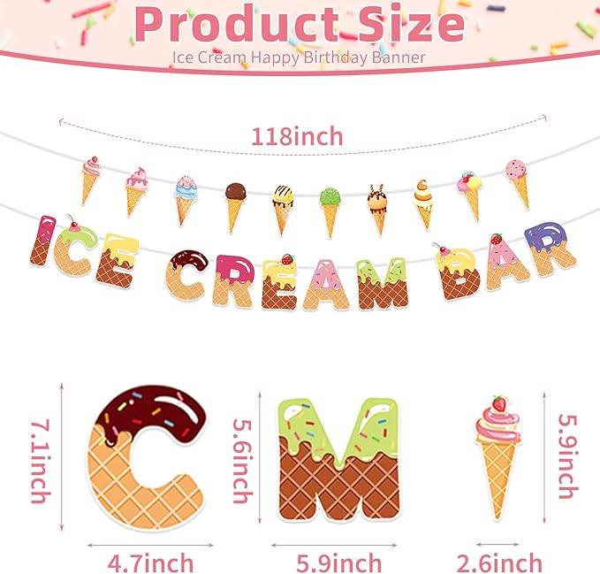 Ice Cream Bar Banner with Ice Cream Cone Garland, Summer Sweet Shop Themed Birthday Decorations, Colorful Garland Photo Prop for Kids Party, Dessert Table, and Theme Party Supplies