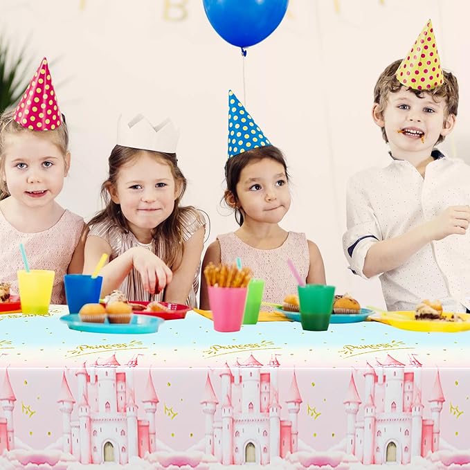 3pcs Princess Party Tablecloth, 54 x 108 Inch Pink Castle Plastic Table Cover, Princess Birthday Party Decorations for Fairytale Themed Party, Baby Shower, Girls Birthday Party Supplies