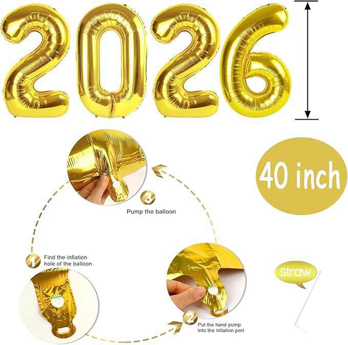 2026 Number Balloons,40inch 2026 Gold Number Balloons for New Year Eve Festival Party Supplies Graduation Decorations