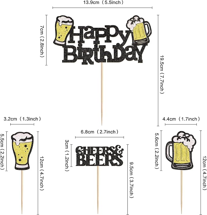 Ercadio 25 PCS Beer Party Cupcake Toppers Cheers and Beers Happy Birthday Decor for Beer Kegs Cake Topper Favor for Summer Family Party Decor Supplies