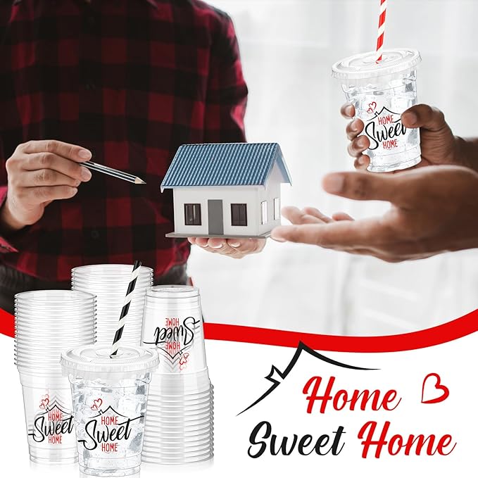 Domensi 50 Sets House Warming Party Supplies Plastic Cup 12 oz Home Sweet Thick Clear Cup Lids Straws Decoration for Welcome Home New House Decoration Supplies