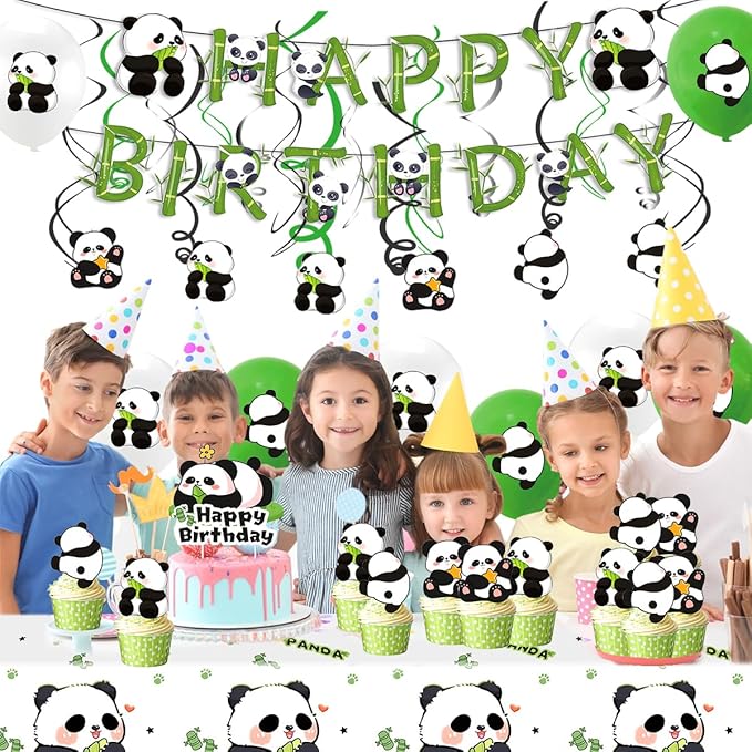 65pcs Cute Panda Birthday Party Supplies Set Panda Birthday Banner Hanging Spiral, Cake Toppers,Balloons Tablecloth Baby Shower Panda Party Decorations