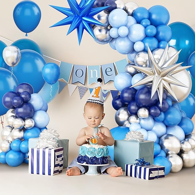 Blue Silver Balloon Arch Garland Kit, Navy and Pastel Blue Latex Party Balloons With Silver Star Foil Balloon for Birthday, Baby Shower, Wedding, Graduation, Anniversary Party Decor