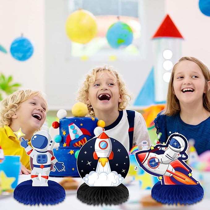 Marspark 9 Pcs Outer Space Themed Honeycomb Centerpiece Outer Space Decorations Birthday Party Table Toppers Double Sided Table Decorations Planet Rocket Astronaut Ufo Solar System Party Supplies
