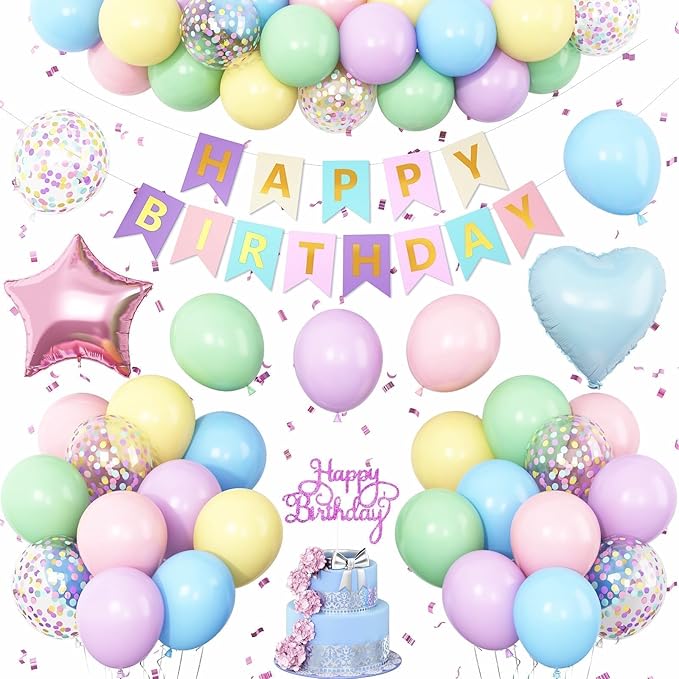 Pastel Rainbow Birthday Decorations,Easter Birthday Balloon Macaron Pink Blue Purple Green Yellow Colorful Confetti Balloons Banner Star Heart Foil Balloon for Baby Shower Easter Party