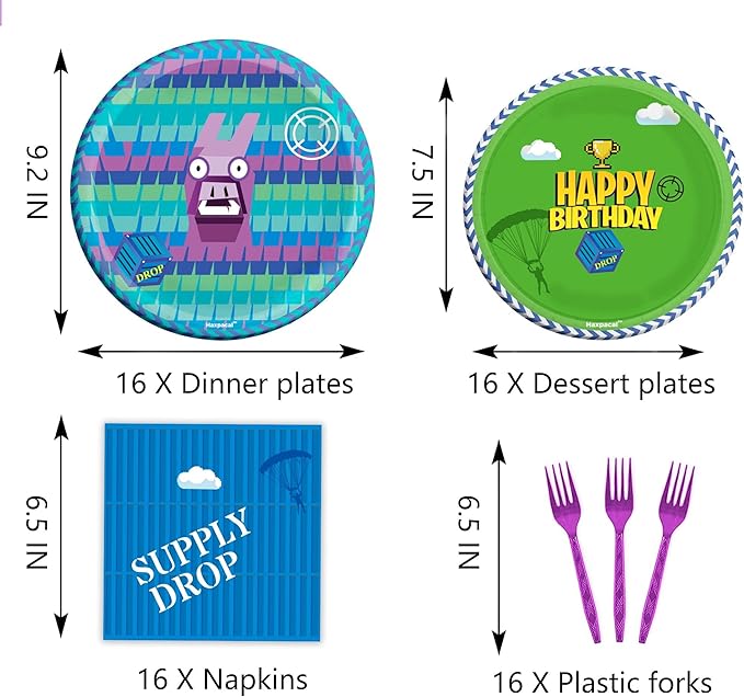 Video Games Party Tableware Supplies 64pcs Llama Set Including 32 pcs Plates, 16 pcs Forks and 16 pcs Napkins, Video Games Theme Party Baby Shower Birthday Decorations