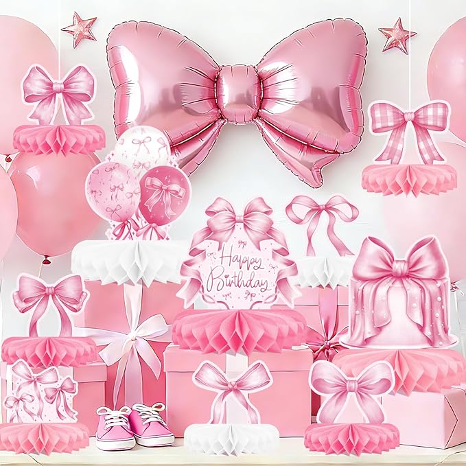 Pink Bow Birthday Decorations Set - Bow Party Decorations with Honeycomb Centerpieces & Table Centerpieces for Splendid Pink Bow Themed Party Supplies