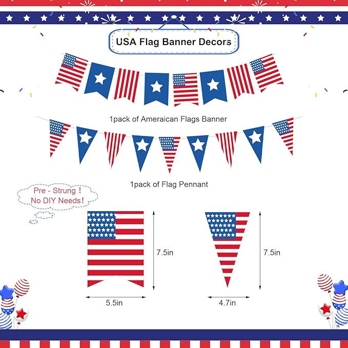 USA Party Decorations, Red Blue White Decorations with American Flag Banner, 12Pcs USA Hanging Swirls Decors, Pennant Bunting Banner, Foil Balloons for Welcome Home Patriotic Party Supplies