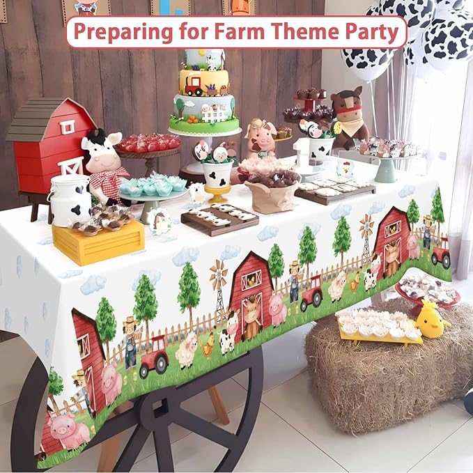 3 Pieces Farm Animal Birthday Party Supplies Tablecloth, Large Size 54 x 108 Inch Rectangular Plastic Table Cover, Barnyard Birthday Party Supplies Decorations for Baby Shower Boys Girls
