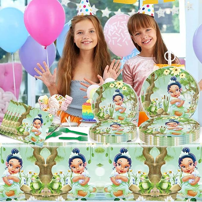 Princess Tiana Birthday Party Decorations, The Frog Tiana Party Tableware with Banner, Tablecloth, Disposable Paper Plates and Napkins for Little Princess Birthday Baby Shower Party Decorations