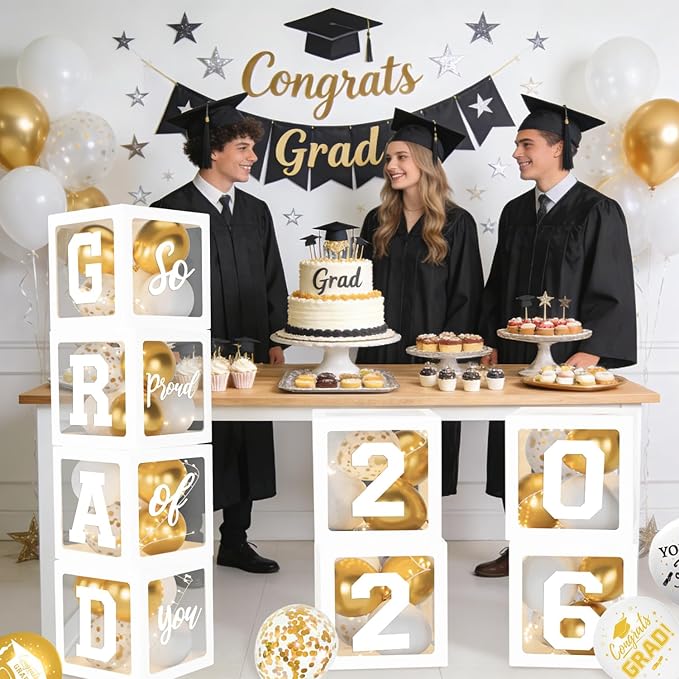 2026 Graduation Decorations, White Graduation Decorations, Balloons Boxes (4PCS) with Letters 2026 GRAD So Proud of You, Congrats Grad Decorations for High School & College