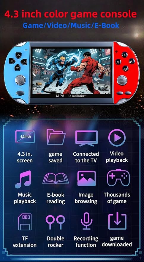 JXD Colorful Retro Video Game Console 4.3 inch Sreen 8GB Built-in 4000 Games Handheld ArcadeGame Console mini Portable Game Device Multiple Simulator MP3 MP4 E-Book Nostalgic Children's Gift(Bluered)