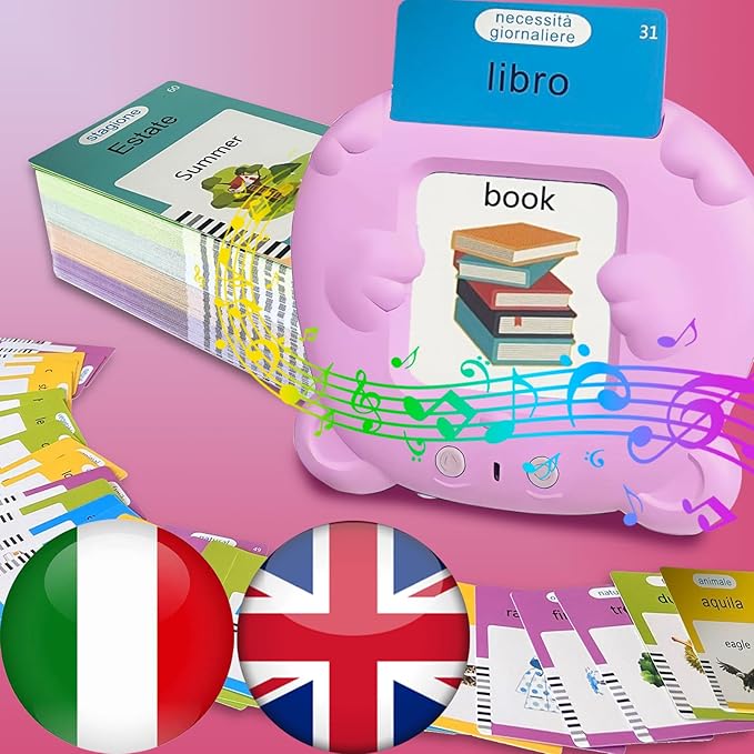 Bilingual English Italian Flash Cards - Talking Flash Cards for Kids, Pocket Speech for Toddlers 3-12, Educational Learning Audible Gift Play Cards Italian, Autism Sensory Toys (Pink)