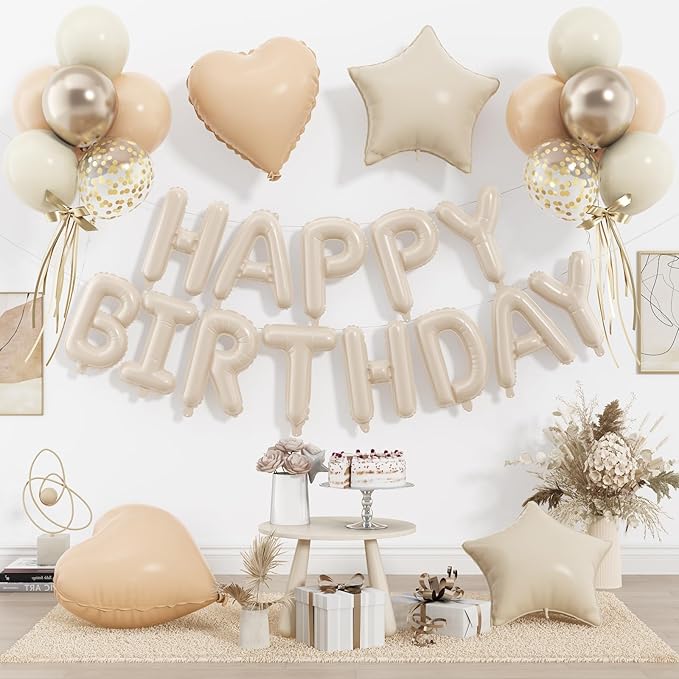 29 PC Cream Happy Birthday Balloon Banner, 16 Inch 3D Aluminum Letter Banner Sign, Apricot Champagne Gold Ivory White Balloon 18 Inch Star Heart Foil Balloons for Kids, Women, Men Party Supply