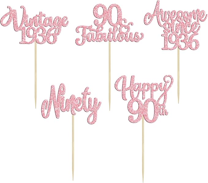 Ephlyn 30Pcs Vintage 1936 Cupcake Toppers Glitter Ninety Happy 90th Birthday 90 Fabulous Cupcake Picks Decorations for 90th Birthday Anniversary Retirement Party Supplies Pink