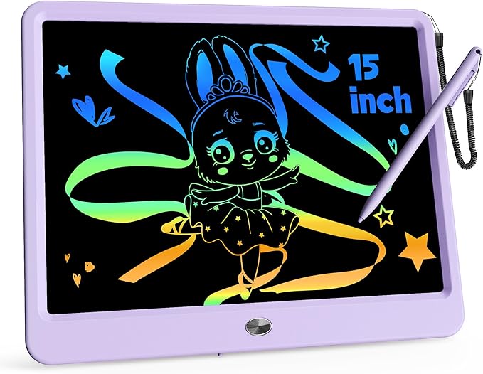 KOKODI 15 Inch LCD Writing Tablet with Anti-Lost Stylus, Erasable Doodle Board Colorful Toddler Drawing Pad, Car Travel School Games Toys for 3 4 5 6 7 8 Kids, Birthday Gift for Girls Boys Purple
