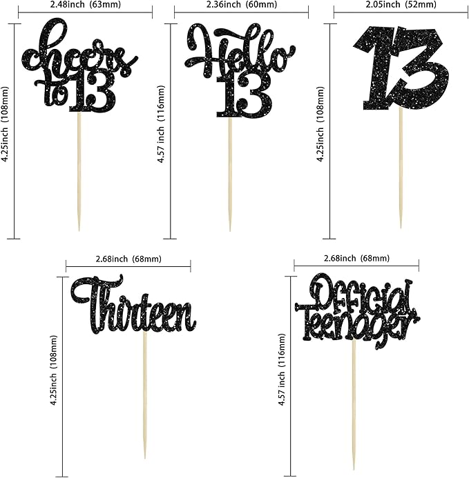 30Pcs 13th Birthday Cupcake Toppers Hello 13 Cupcake Picks Official Teenager Cheers to 13 Years Old Cake Decorations for 13th Birthday Anniversary Party Supplies Black Glitter