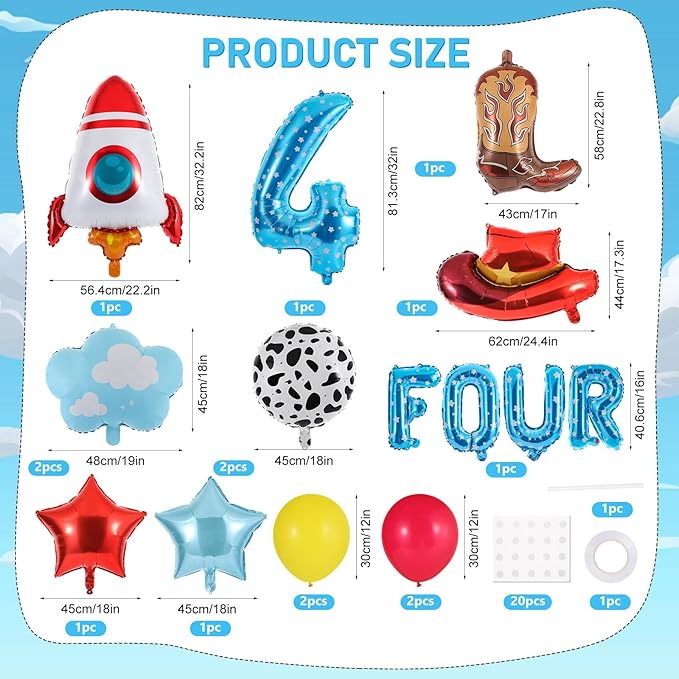 18Pcs Toy Themed Party Decorations Cartoon 4th Birthday Decorations Blue Sky White Clouds Cowboy Hat Boots Rocket Balloons Reach Four The Sky Toy Inspired Birthday Party Supplies