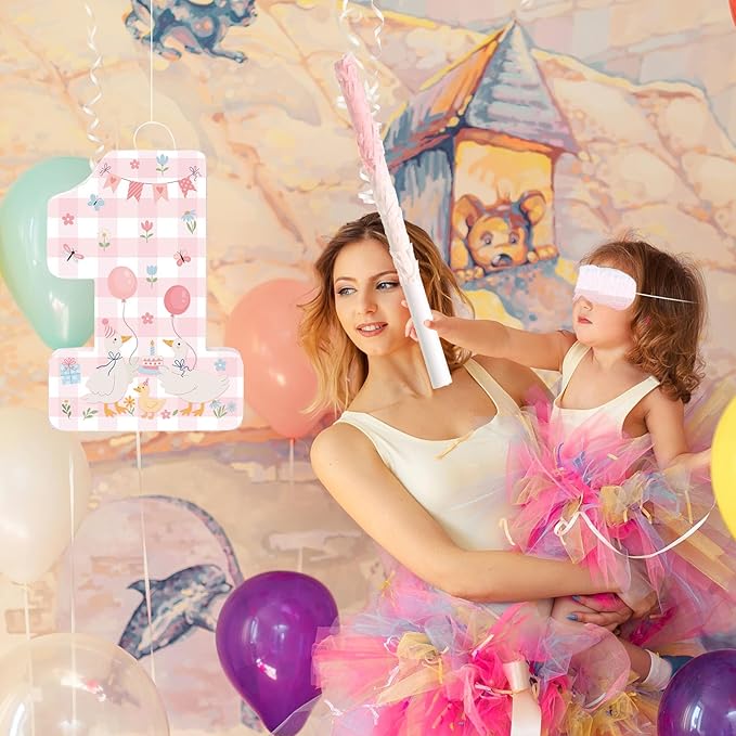 Pajean Silly Goose Piñata Funny Goose 1st Birthday Decorations Pink Gingham Duck Number One Piñata Set with Stick Blindfold for Baby Shower First Birthday Celebration Decor