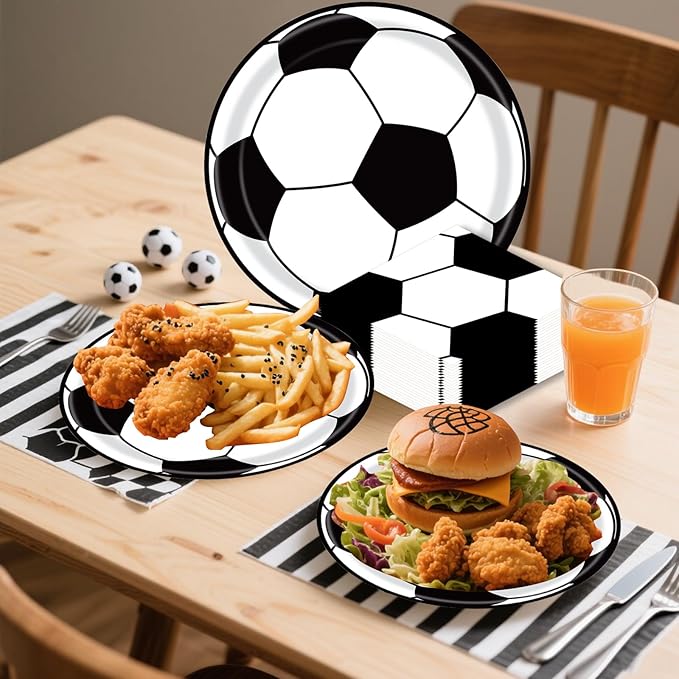 96 Pcs Soccer Plates and Napkins Party Supplies, Soccer Birthday Paper Plates Napkins and Forks Disposable Tableware Set for Sports Theme Party Decorations Serves 24 (Soccer)