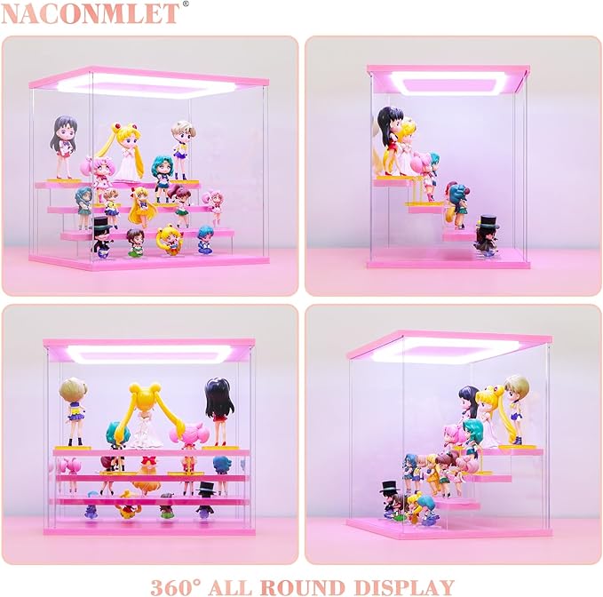Pink Wood Base Acrylic Display Case for Collectibles, 6-Tier Clear Display Box with Steps for Funko Pop & Action Figures, Dustproof Showcase Organizer, 19.7x12.6x16.5 Inches