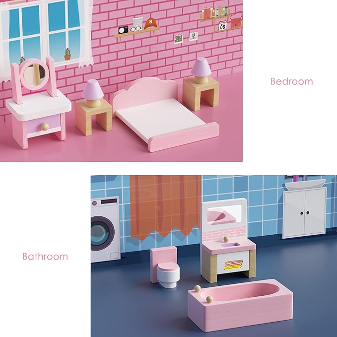 Wooden Dollhouse Furniture Set, 22 PCS Doll House Accessories Including 5 Room Kits, Little People House Furniture Toy Gift for Girls Boys Age 3+, Miniature Dollhouse Furnishing