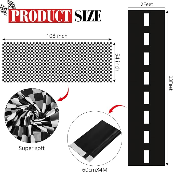 Tallew 2 Pcs Checkered Car Party Supplies Disposable Tablecloth Plastic Table Cover Black and White Checkered Race Table Runner for Racing Birthday Party Decor Favor Supplies (Black,White)