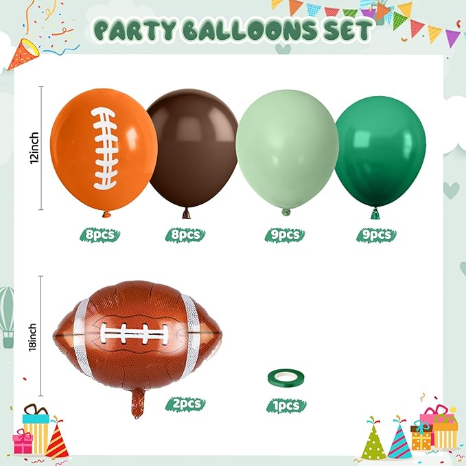 Football Balloons, 12 Inch Sage Green Brown Latex Balloon with Football Printed Foil Balloons, Football's Party Decorations for Men Sports Rugby Theme Birthday Game Party Supplies