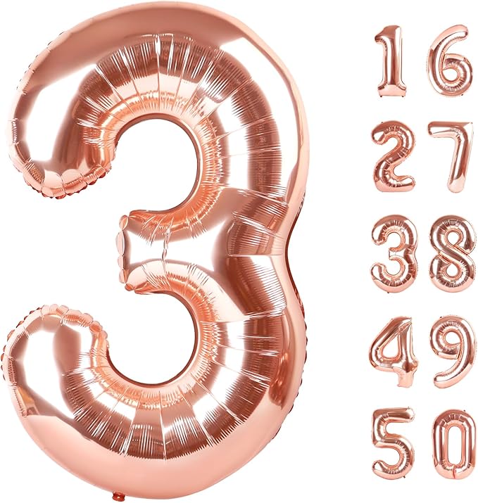 Rose Gold Number 3 Balloon 40 Inch,Foil Mylar 3 Number Balloons 13 23 30 33 Numbers Balloon Birthday Anniversary Decorations Photo Props Decorations Supplies