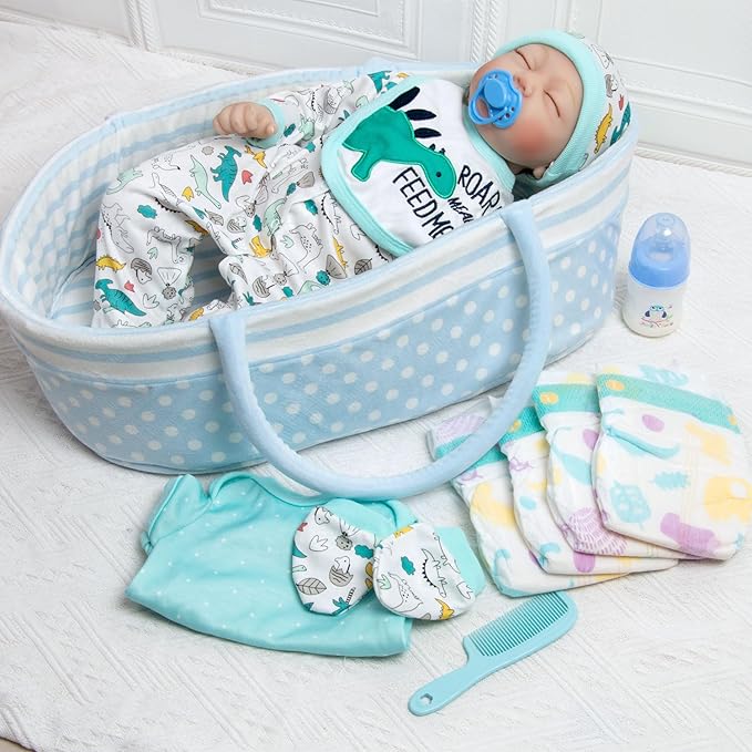 Reborn Baby Dolls Clothes Boy Blue Dinosaur Theme Accessories 13 Pcs Outfit Set for 17-22 Inch Newborn Baby Doll Boy with Blue Dot Bassinet