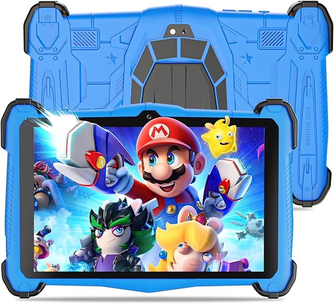Kids Tablet 7 inch with Shockproof Case for Child 3-10, Educational Learning Toddler Tablet Android 14, 10GB RAM+64GB ROM, Parental Controls, Google Play YouTube, Gift for Boy Girl（Blue）