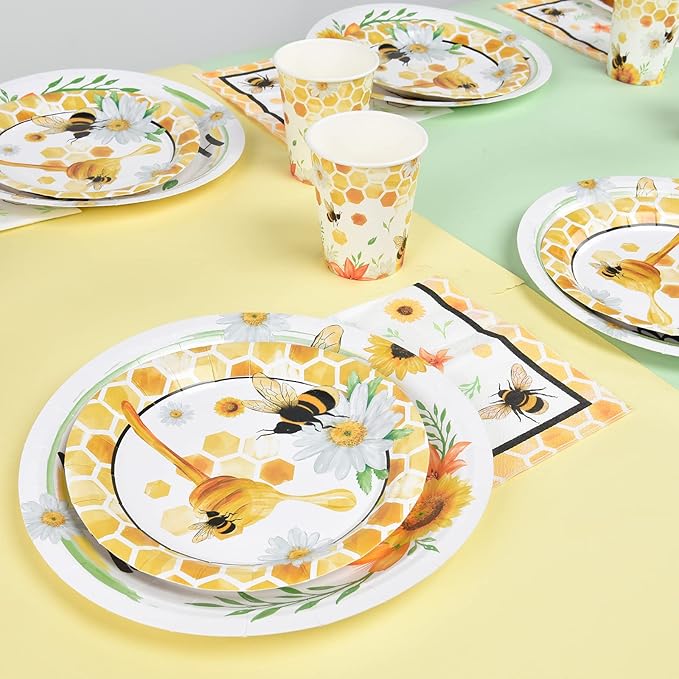 WERNNSAI Bee Birthday Decorations - 64 PCS Bee Plates Napkins and Cups Honeybee Baby Shower Decorations Paper Plates Cups Napkins Dinnerware for Kids Boys Girls Birthday Serves 16 Guests