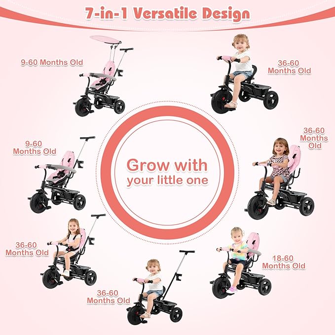 BABY JOY Toddler Tricycle, 7 in 1 Push Trike w/Adjustable Canopy, Parent Push Handle, Seat & Footrests, 5-Point Safety Harness and All-Terrain EVA Wheels, Kids Stroller Bike for 9-60 Months (Pink)