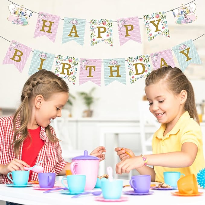 Tea Party Birthday Banner Floral Garland Birthday Banner Flower Wonderland Theme Decoration for Women Girls Baby Shower Party Supplies