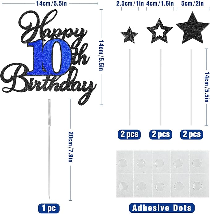 10th Birthday Cake Topper, Black Blue Happy 10th Birthday Cake Toppers for Boy Girl, 10 Years Old Birthday Party Supplies, Glitter Cake Decor, 10th Birthday Cake Decorations