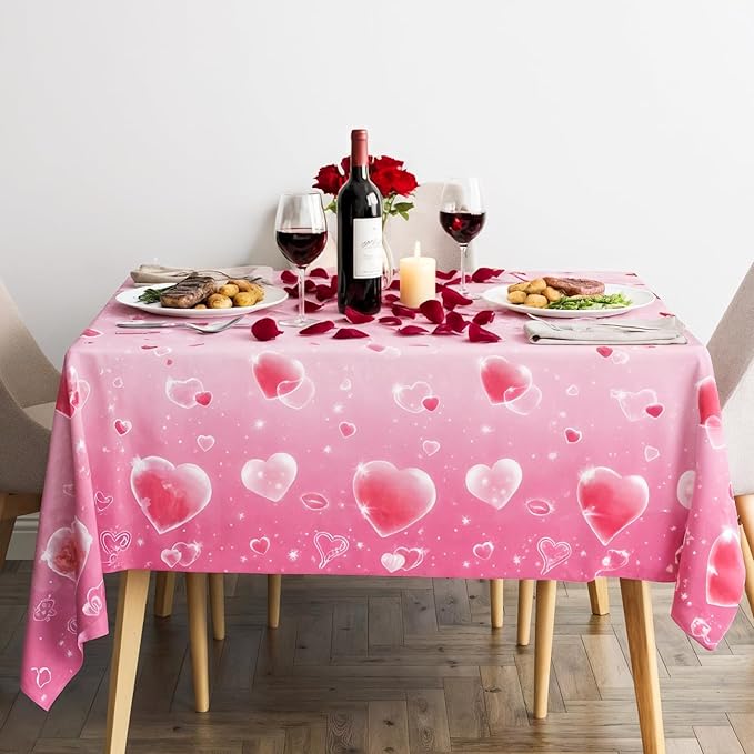 Happy Valentine’s Day Tablecloth with Heart Pattern, 54x108 Inch Disposable Plastic Tablecloth, Romantic Love Table Cover for Dining Table, Valentine Party Decoration for Home, Holiday Dinner