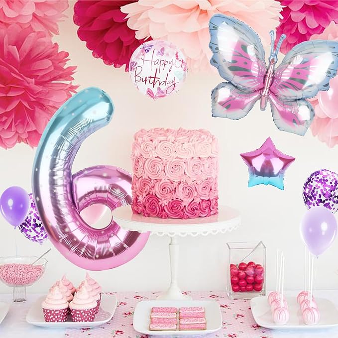 Butterfly Balloons 6th Birthday Decorations Gradient Pink Purple Colorful Butterfly Foil Mylar Balloons Large Big Number 6 Balloons for Girls 6 Years Old Birthday Party Supplies Decor