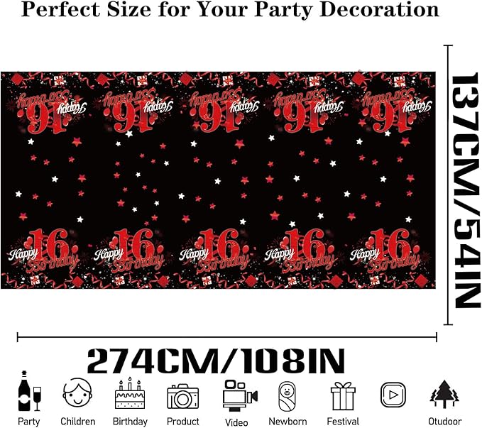 3 Pcs Happy 16th Tablecloth Decorations for Boy Girl Black Red 16 Birthday Theme Table Cover Party Supplies 16 Years Old Plastic Disposable Rectangular Table Cloth