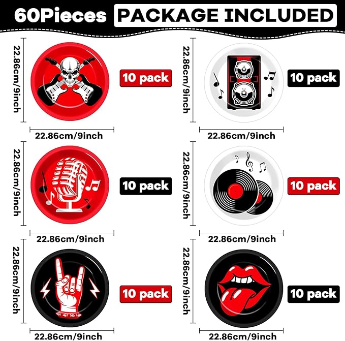 60Pcs Rock Theme Party Paper Plates for Music Birthday 9in 1950's Record Party Disposable Dessert Cake Tableware Dinnerware Set for Kids Baby Shower Decoration Anniversary 50s 60s Theme Party Supplies