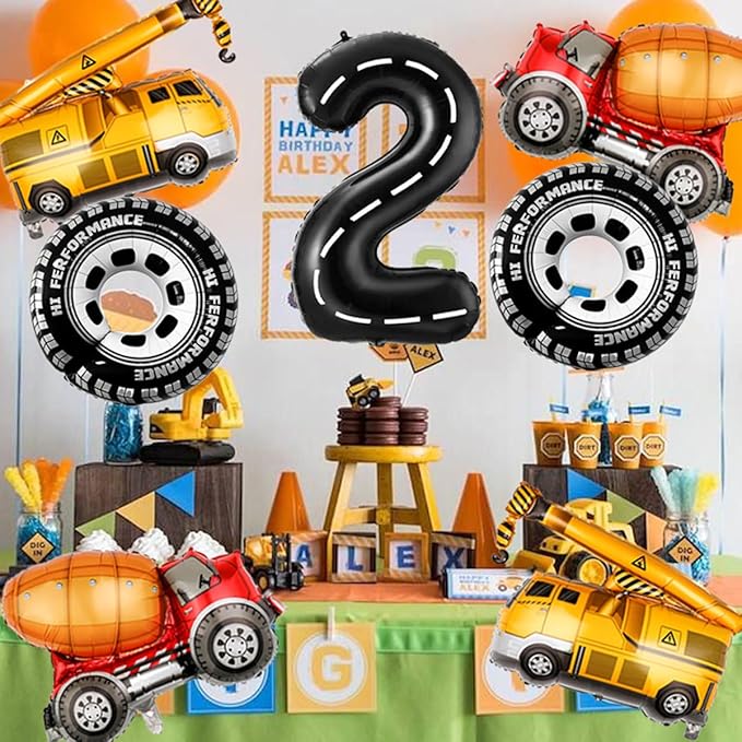 2nd Birthday Decorations for Boys Construction Balloons 40inch Number 2 Balloons Truck Foil Balloon for Construction Birthday Party Decorations Supplies
