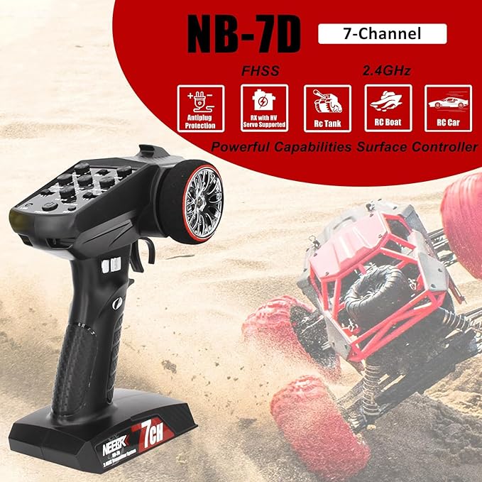 7 Channels RC Transmitter with Receiver Built-in Light Control System and 12LED Light Set, 2.4GHz Radio Remote Controller for RC Car Crawler Truck Racing Buggy Off Road On Road Boat Tank(Red)