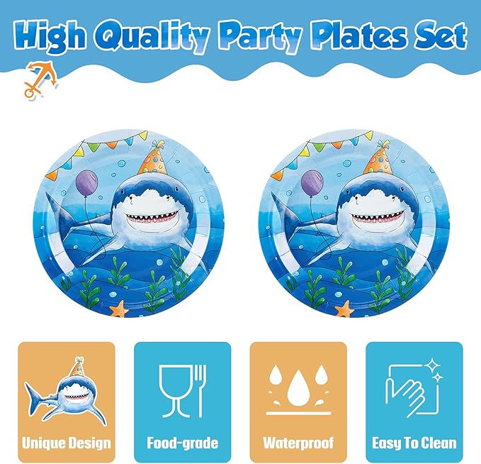 WERNNSAI Shark Birthday Party Decorations - 33 PCS Shark Plates Napkins and Tablecloth Under The Sea Birthday Decorations for Kids Boys Summer Pool Ocean Theme Party Favors Serve 16 Guests
