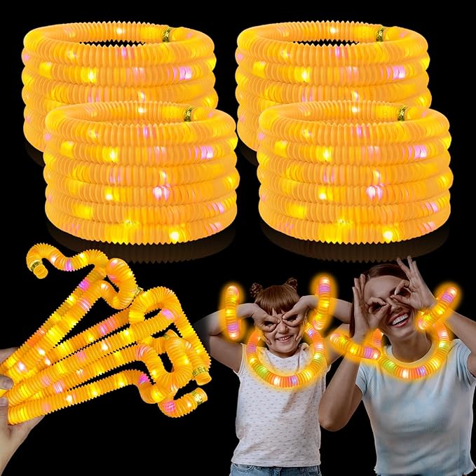 Orange Glow Sticks Pop Tubes, 24PCS Mardi Gras Parade Throws Party Favors, Light Up Necklaces & Bracelets Accessories Decorations, Glow Birthday Wedding Carnival Easter Party Supplies for Kids Adults
