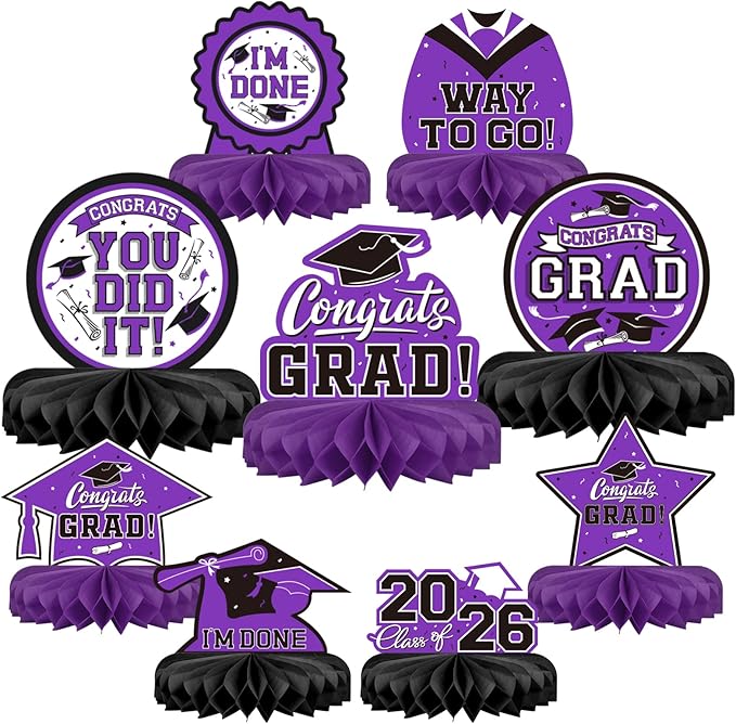 9PCS Graduation Party Decorations Class of 2026 Congrats Grad Table Centerpiece Congratulate Graduation Honeycomb Table Toppers for Graduation Party Supplies(Pueple,Black）