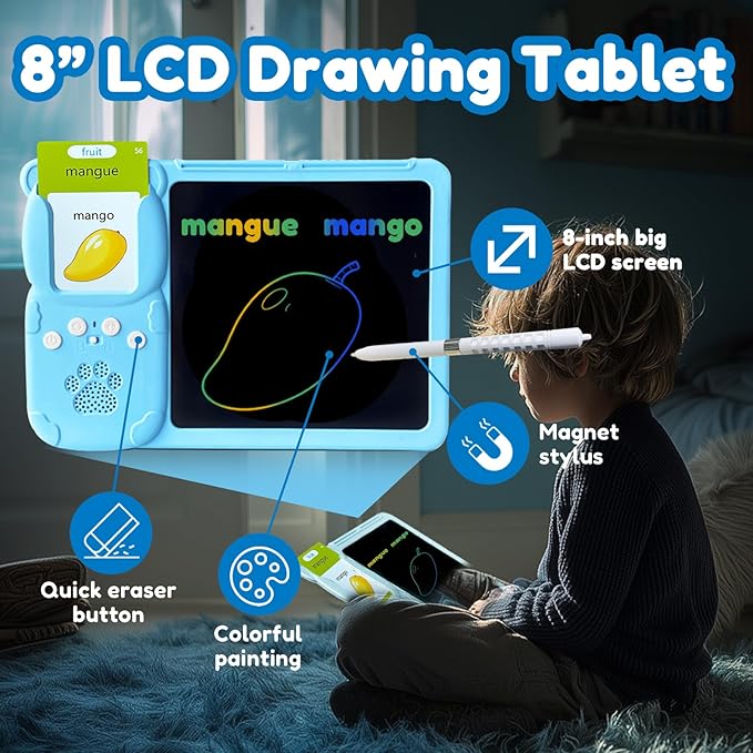 Drawing Tablet with Bilingual Flashcards for Kids - French English Talking Flash Cards, LCD Writing Pad Board, Pocket Speech for Toddlers, Learning Toy Gift for Boys Girls (French, Blue)