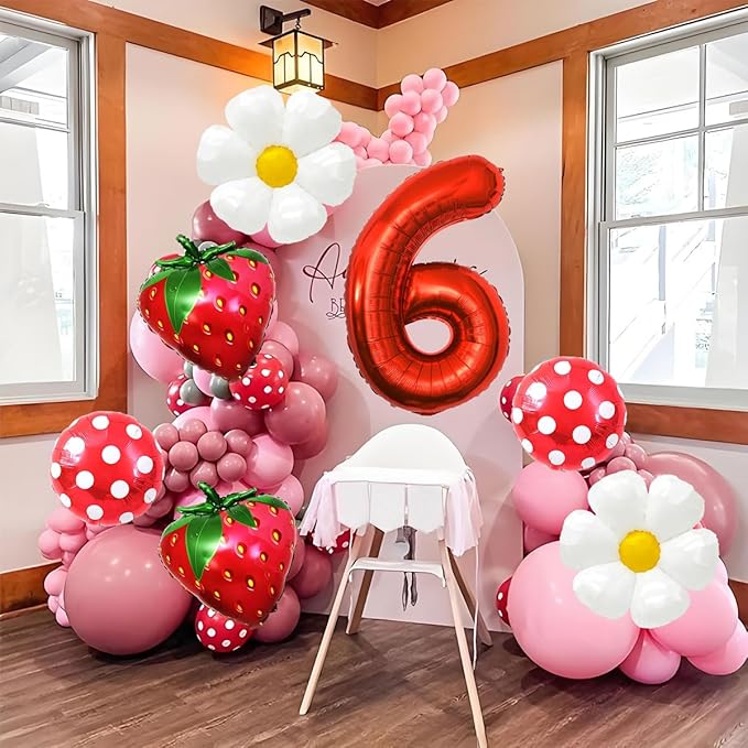 Strawberry Balloons Sixth Birthday Decorations for Girl, 40 Inch Mylar Red Number 6 Balloons, Strawberry Balloon for Strawberry Party Decorations, Strawberry Birthday Decorations