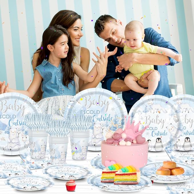 120pcs Winter Woodland Baby Shower Decorations Arctic Animals Plates Napkins Baby It's Cold Outside Cup Snowflake Penguin Arctic Fox Tableware Set Disposable Forks for 24 Guests