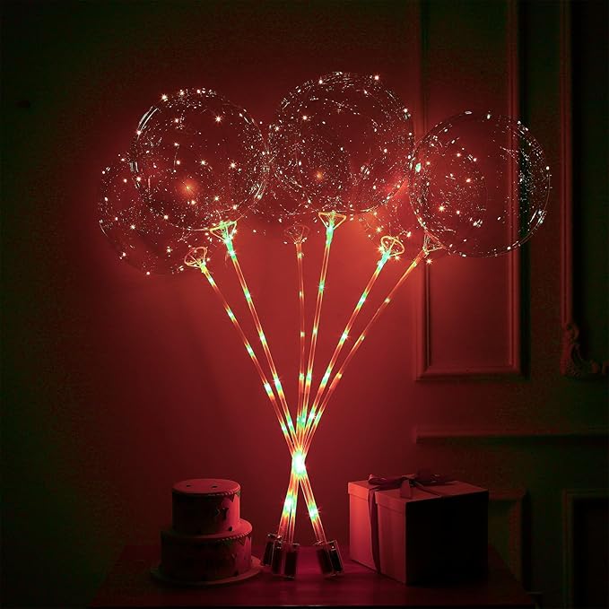 LED Balloons Light Up, 10 Pack LED Balloons with Sticks, 20 Inch Clear Bobo Balloon with Lights Helium Glow Bubble Lights for Party Supplies Valentines Decor (Red)