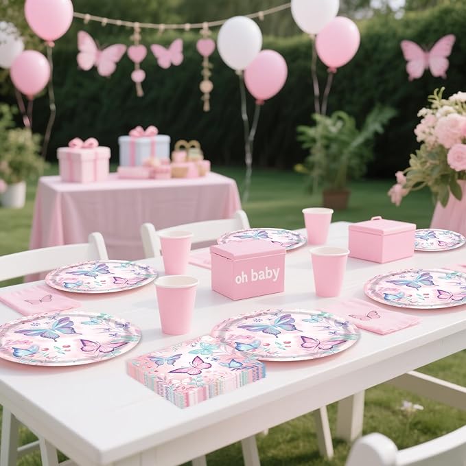 72Pcs Butterfly Plates and Napkins, Butterfly Birthday Paper Plates and Napkins with Forks Disposable Tableware Set for Girl Butterfly Birthday Decorations