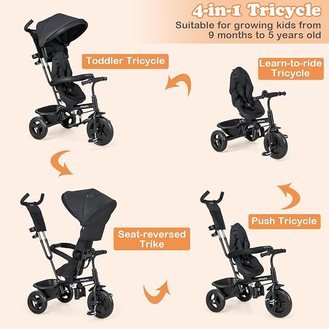 BABY JOY Tricycle, 4 in 1 Toddler Bike w/Removable Canopy, Adjustable Push Handle, Reversible Seat, Safety Belt, Folding Footrest & Storage Basket, Toddler Tricycle for Boys Girls 9-60 Months (Black)